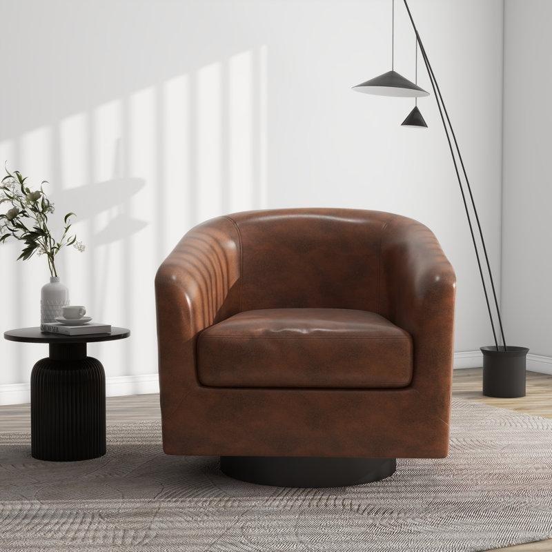 Kahverengi Suni Deri Masif Ahşap Kaideli Döner Tekli Koltuk - 72x65 cm - 202668