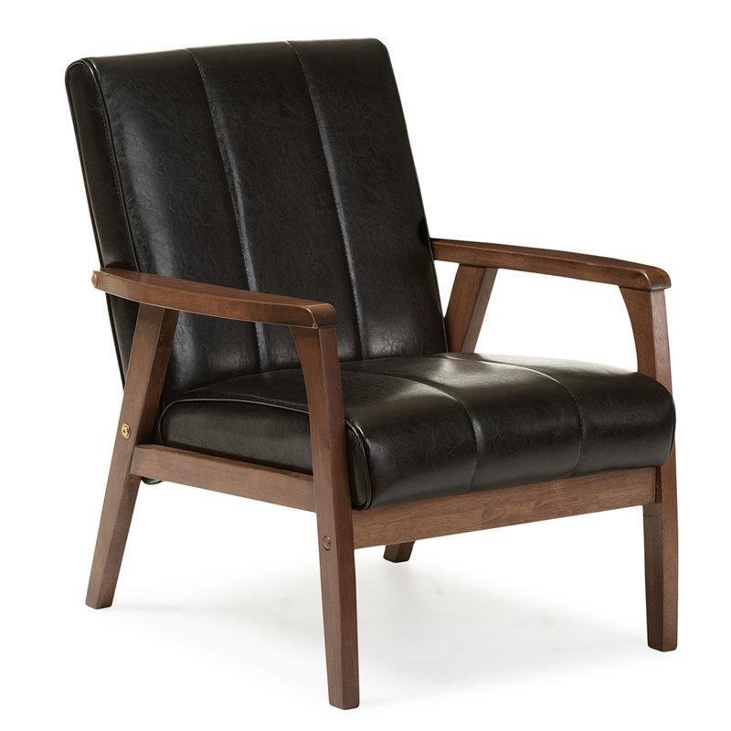 Kahverengi Suni Deri Masif Ahşap Kanallı Kapitoneli Yüzyıl Ortası Modern Tekli Koltuk - 65x75 cm - 204465