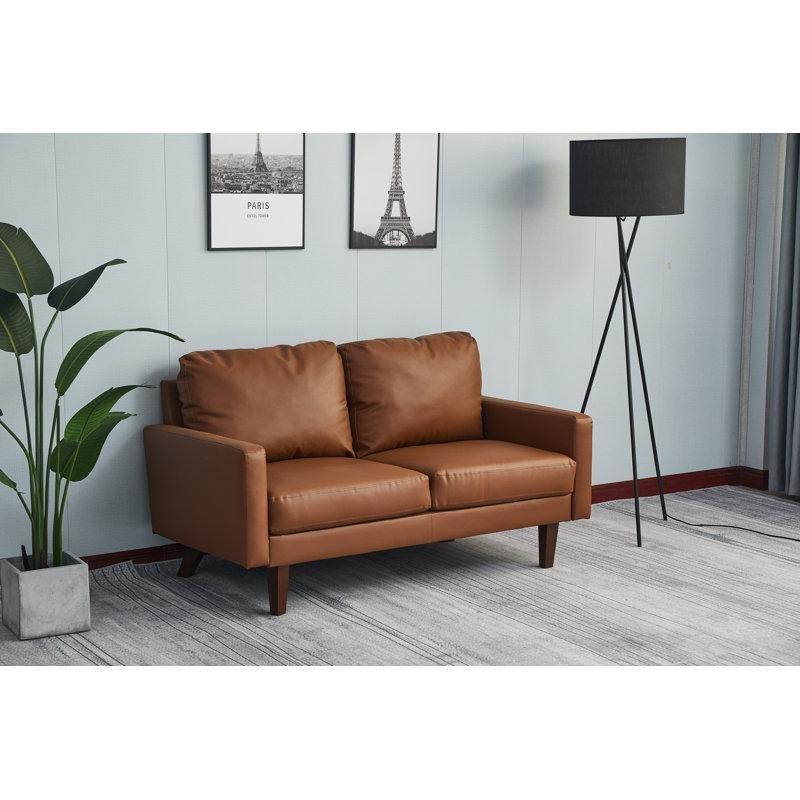 Kahverengi Suni Deri Masif Ahşap Kare Kolçaklı İkili Koltuk - 148 cm - 206696