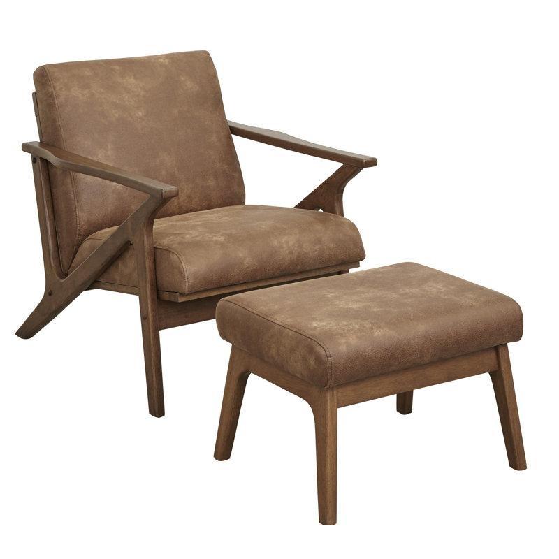 Kahverengi Suni Deri Masif Ahşap Puflu Tekli Koltuk - 204618