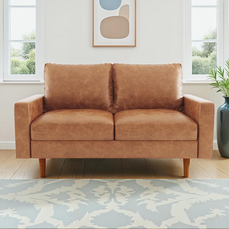 Kahverengi Suni Deri Masif Ahşap Vintage Tasarım İkili Koltuk - 148 cm - 197293