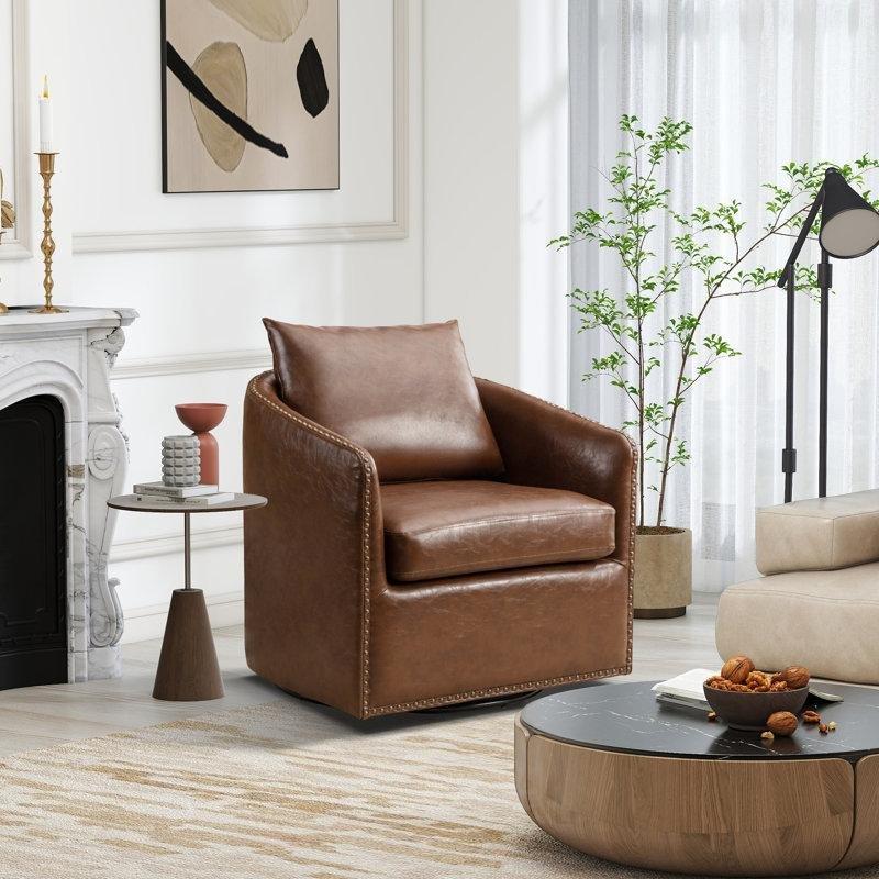 Kahverengi Suni Deri Metal Ayaklı Dönen Zımba Detaylı 2li Set Tekli Koltuk - 71 cm - 202729