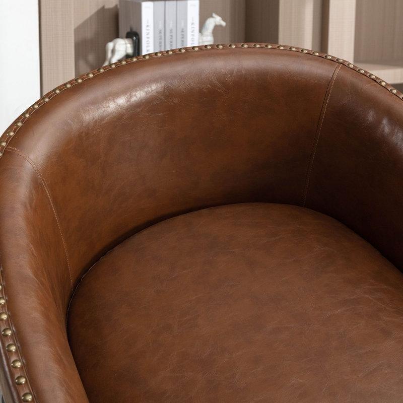 Kahverengi Suni Deri Metal Ayaklı Dönen Zımba Detaylı 2li Set Tekli Koltuk - 71 cm - 202729