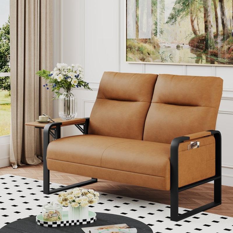 Kahverengi Suni Deri Sehpalı Metal İskeletli İkili Koltuk - 126 cm - 208286