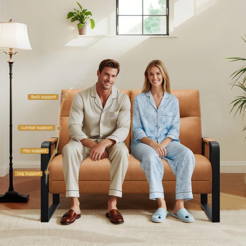 Kahverengi Suni Deri Sehpalı Metal İskeletli İkili Koltuk - 126 cm - 208286