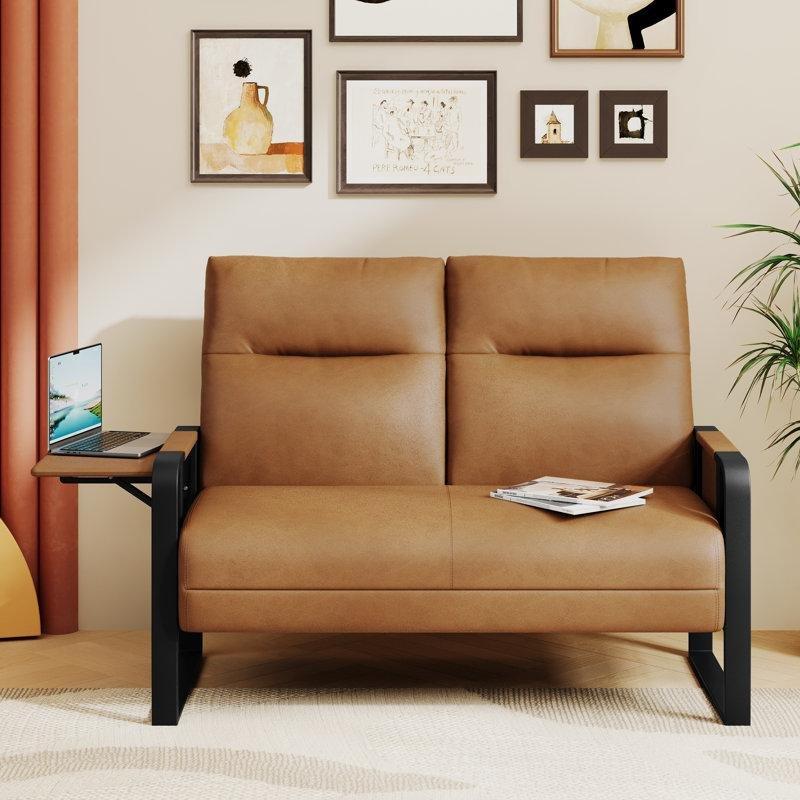 Kahverengi Suni Deri Sehpalı Metal İskeletli İkili Koltuk - 126 cm - 208286