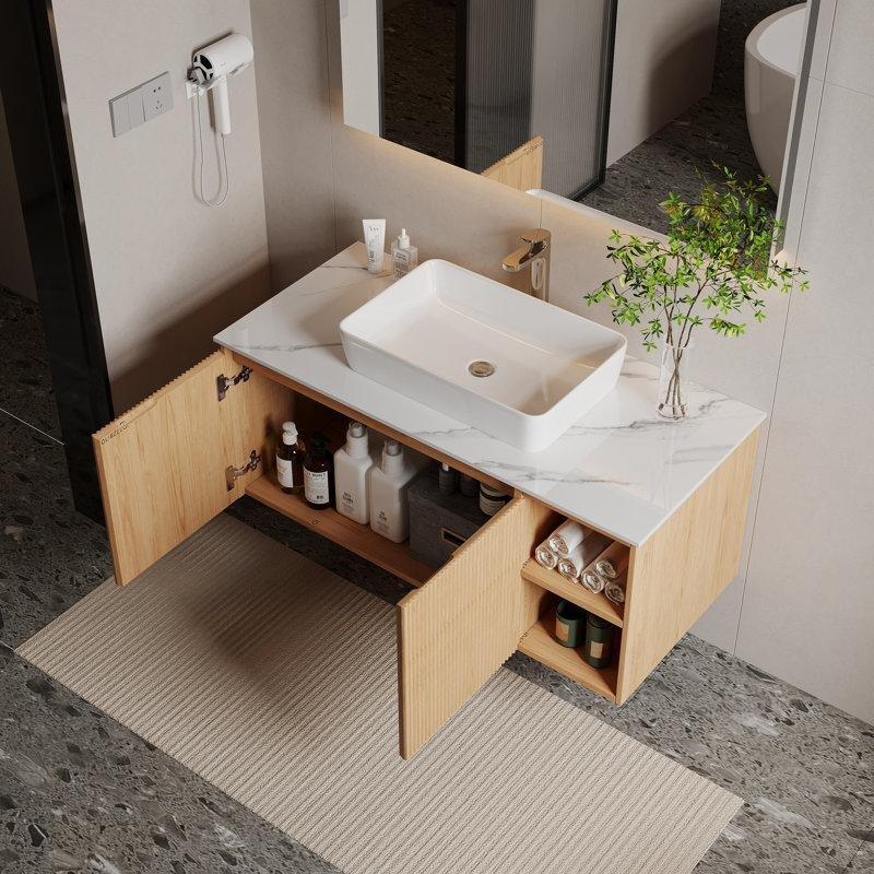 Kahverengi Suni Mermer Tezgahlı Duvara Monte Ahşap Banyo Lavabo Dolabı - 92 cm - 198307