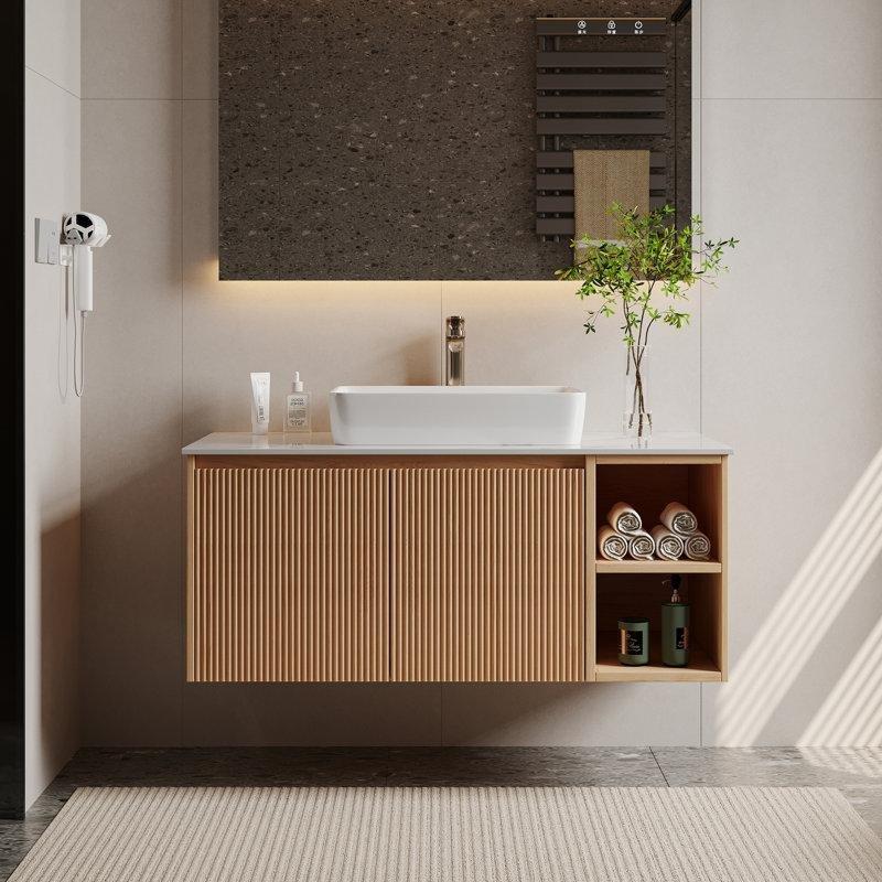 Kahverengi Suni Mermer Tezgahlı Duvara Monte Ahşap Banyo Lavabo Dolabı - 92 cm - 198307