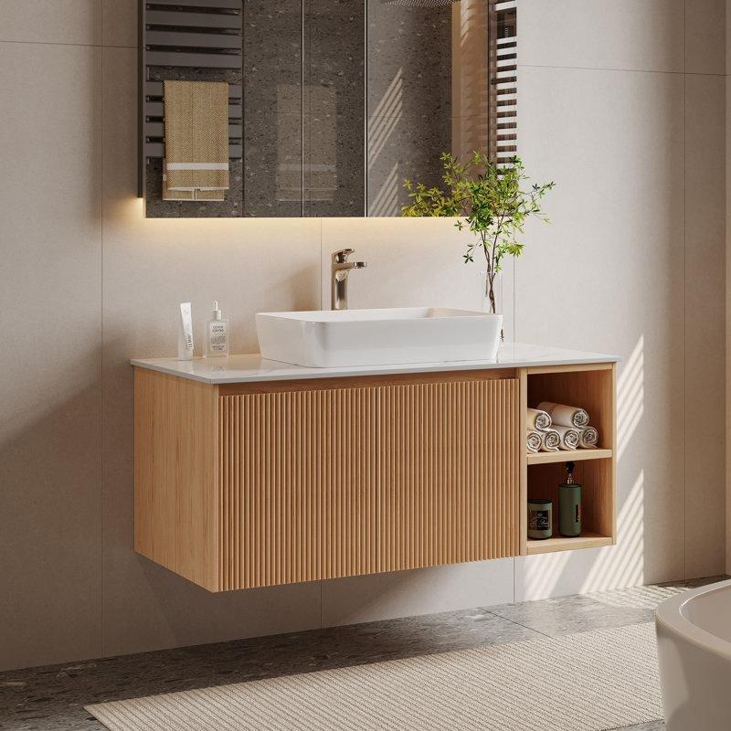 Kahverengi Suni Mermer Tezgahlı Duvara Monte Ahşap Banyo Lavabo Dolabı - 92 cm - 198307