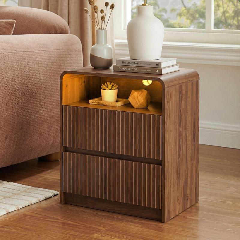 Kahverengi Suntalam Prizli ve USB Şarjlı Yivli İkili Komodin Seti - 61x40x65 cm - 222625