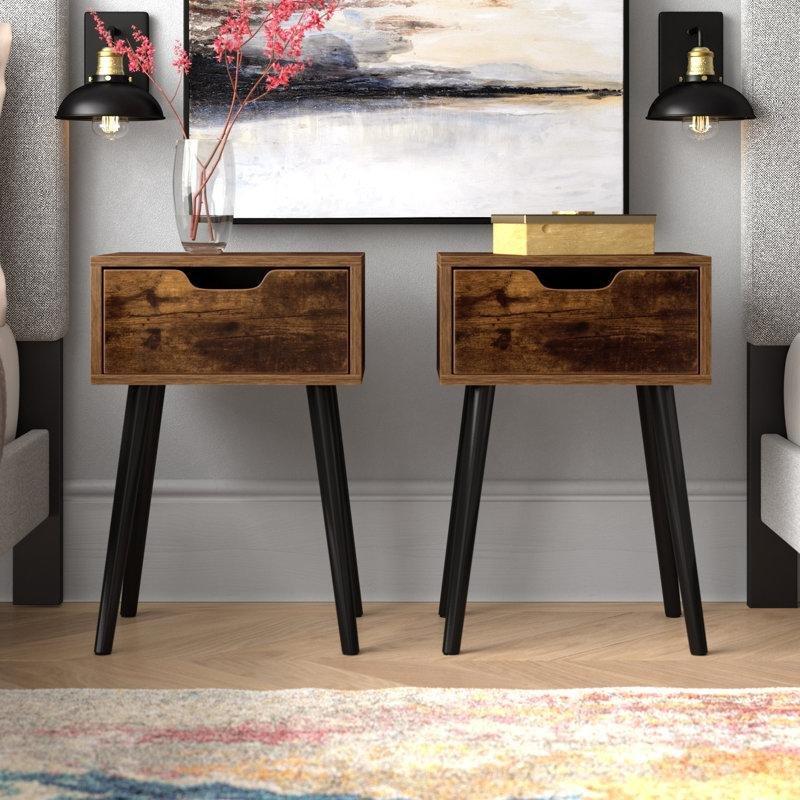 Kahverengi Suntalam Siyah Masif Ahşap Ayaklı Tek Çekmeceli İkili Komodin Seti - 40x30 cm - 222830