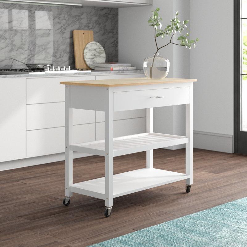 Kahverengi Tezgahlı Masif Ahşap Tekerlekli Çekmeceli Mutfak Rafı - 101x51 cm - 164041