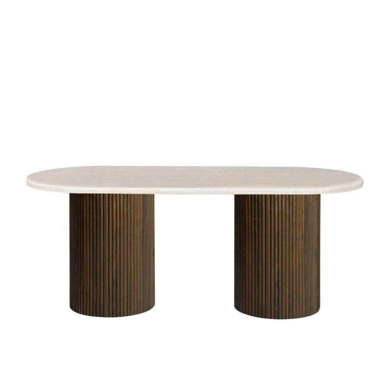 Kahverengi Traverten Görünümlü MDF Oval Sütun Ayaklı Yivli Bohem Yemek Masası - 200x100x75 cm - 236078
