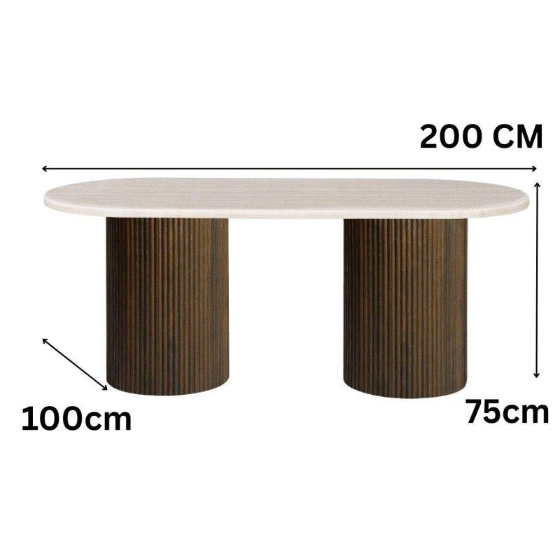 Kahverengi Traverten Görünümlü MDF Oval Sütun Ayaklı Yivli Bohem Yemek Masası - 200x100x75 cm - 236078