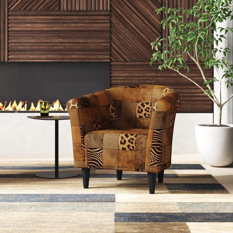 Kahverengi ve Bej Tonları Hayvan Desenli Masif Ahşap Varil Tekli Koltuk - 78 cm - 203310