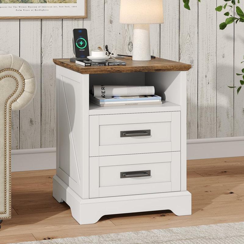 Kahverengi ve Beyaz Ahşap Şarj İstasyonlu 2 Çekmeceli Raflı Komodin - 46 cm - 223531