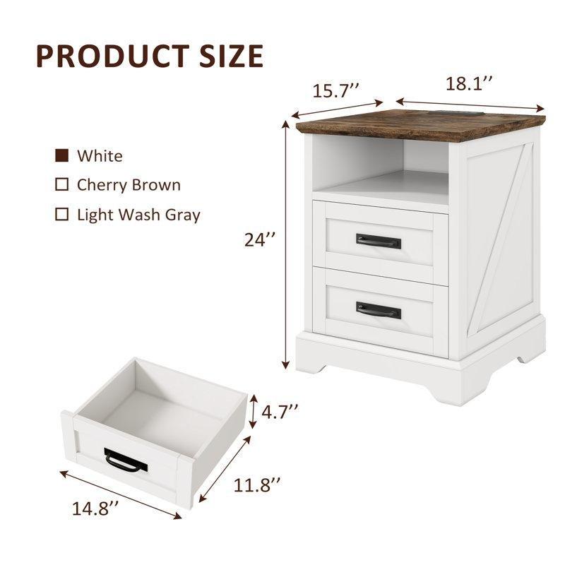Kahverengi ve Beyaz Ahşap Şarj İstasyonlu 2 Çekmeceli Raflı Komodin - 46 cm - 223531