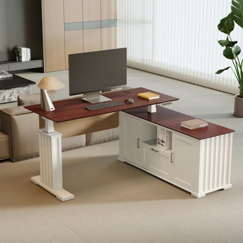 Kahverengi ve Beyaz MDF Elektrikli Yüksekliği Ayarlanabilir L Tipi Roma Sütunu Ayaklı Dolaplı Ofis Masası - 153x140 cm - 177059