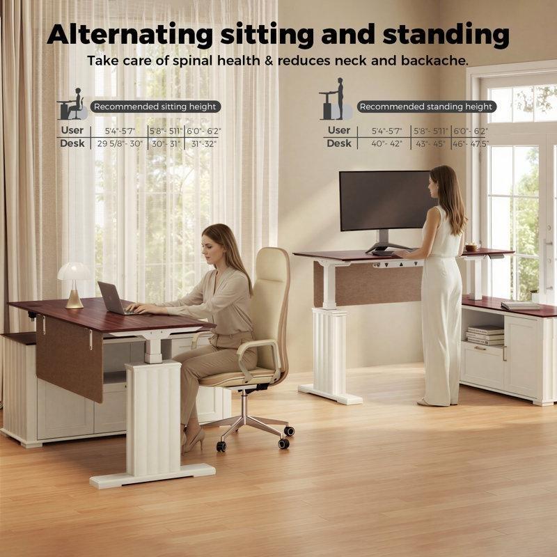 Kahverengi ve Beyaz MDF Elektrikli Yüksekliği Ayarlanabilir L Tipi Roma Sütunu Ayaklı Dolaplı Ofis Masası - 153x140 cm - 177059