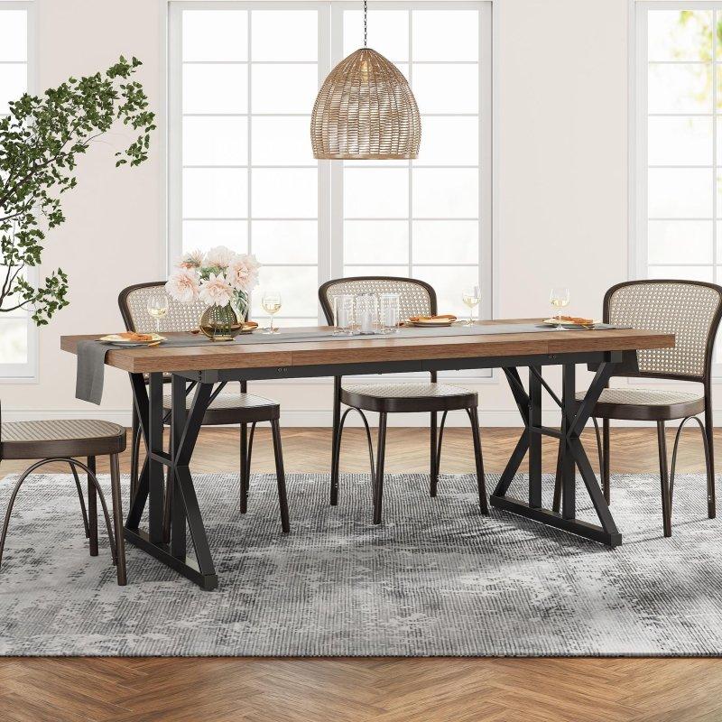 Kahverengi ve Beyaz MDF Metal Dikdörtgen 8 Kişilik Bohem Yemek Masası - 180x80x75 cm - 237430