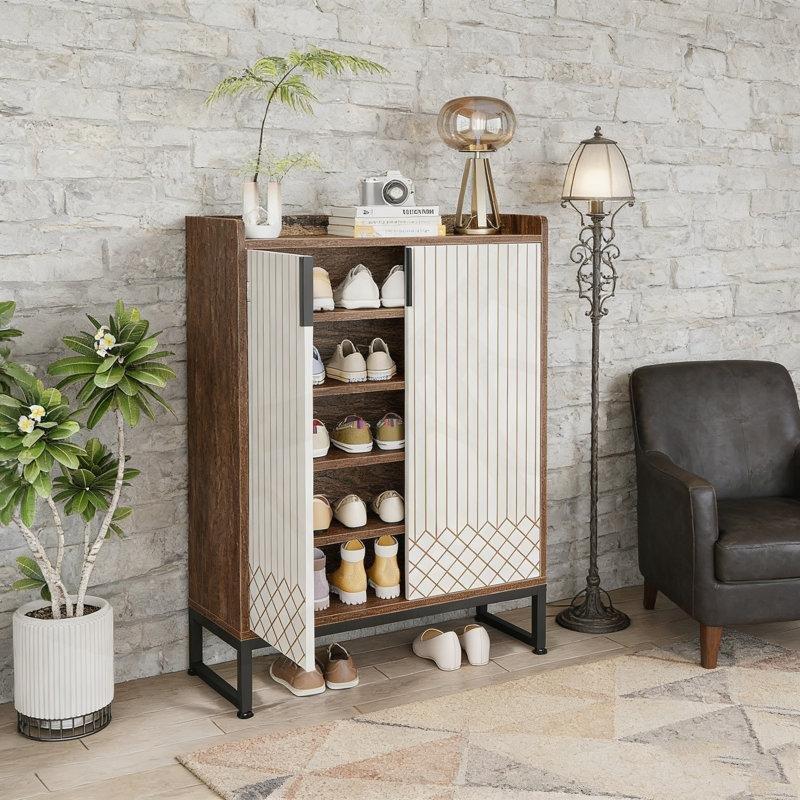 Kahverengi ve Beyaz Metal Ayaklı Ahşap Kapaklı ve Çekmeceli Ayakkabılık - 73 cm - 227732