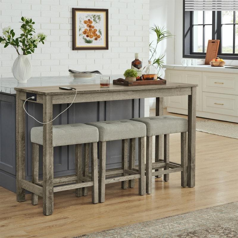 Kahverengi ve Gri Masif Ahşap Prizli 3 Tabureli Koltuk Arkası Dresuar - 150 cm - 217751