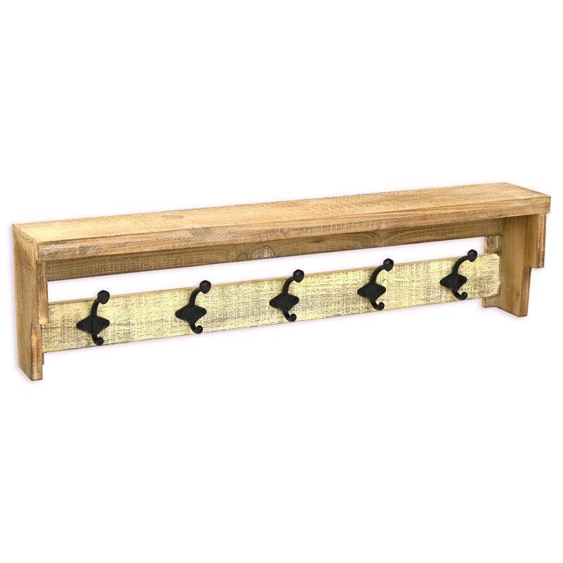 Kahverengi ve Gri Masif Göknar Ağacı 5 Metal Kancalı Raflı Askılı Duvar Rafı - 80 cm - 179385