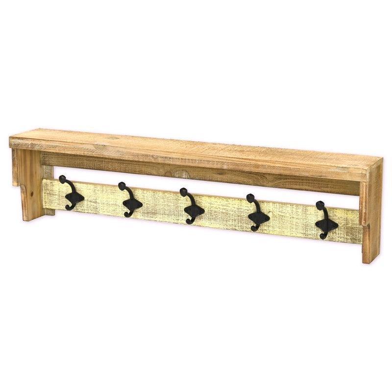 Kahverengi ve Gri Masif Göknar Ağacı 5 Metal Kancalı Raflı Askılı Duvar Rafı - 80 cm - 179385