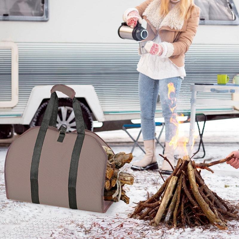 Kahverengi ve Haki 900D Oxford Kumaş 2li Set Ayarlanabilir Kayışlı Katlanabilir Şömine Odunluk - 99x46 cm - 189218