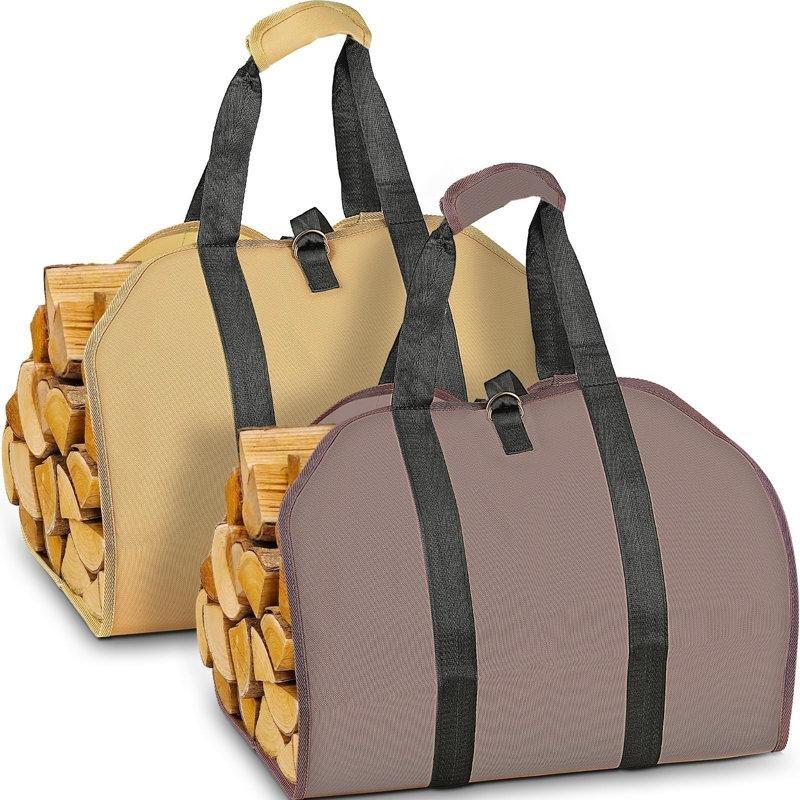 Kahverengi ve Haki 900D Oxford Kumaş 2li Set Ayarlanabilir Kayışlı Katlanabilir Şömine Odunluk - 99x46 cm - 189218