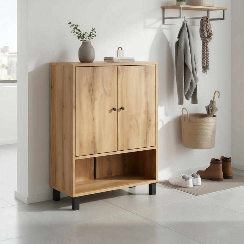 Kahverengi ve Siyah 4 Raflı Kapaklı Ahşap Ayakkabılık - 61 cm - 228375