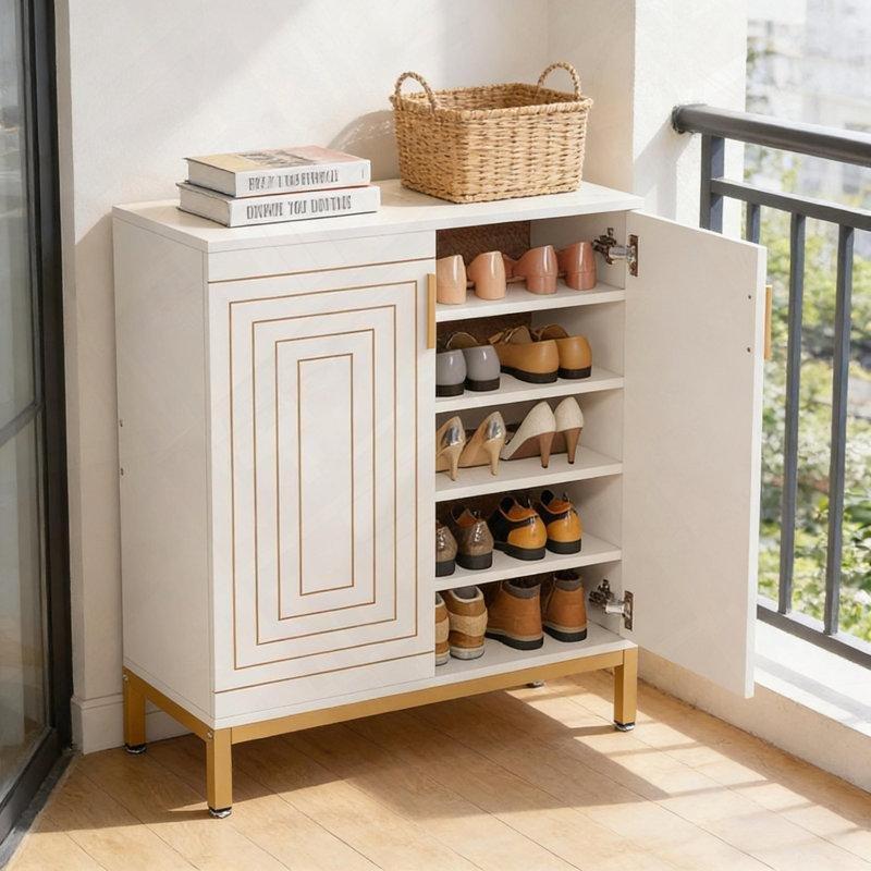 Kahverengi ve Siyah MDF Geometrik Desenli Gold Metal Ayaklı 5 Raflı Ayakkabılık - 81 cm - 229947
