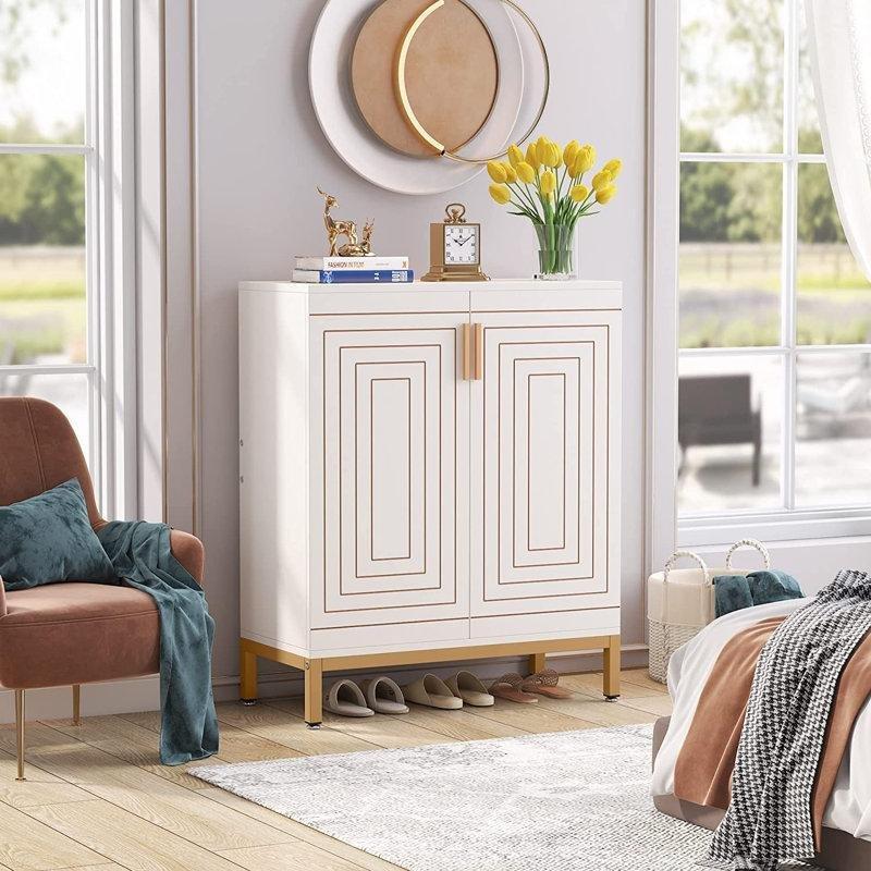 Kahverengi ve Siyah MDF Geometrik Desenli Gold Metal Ayaklı 5 Raflı Ayakkabılık - 81 cm - 229947