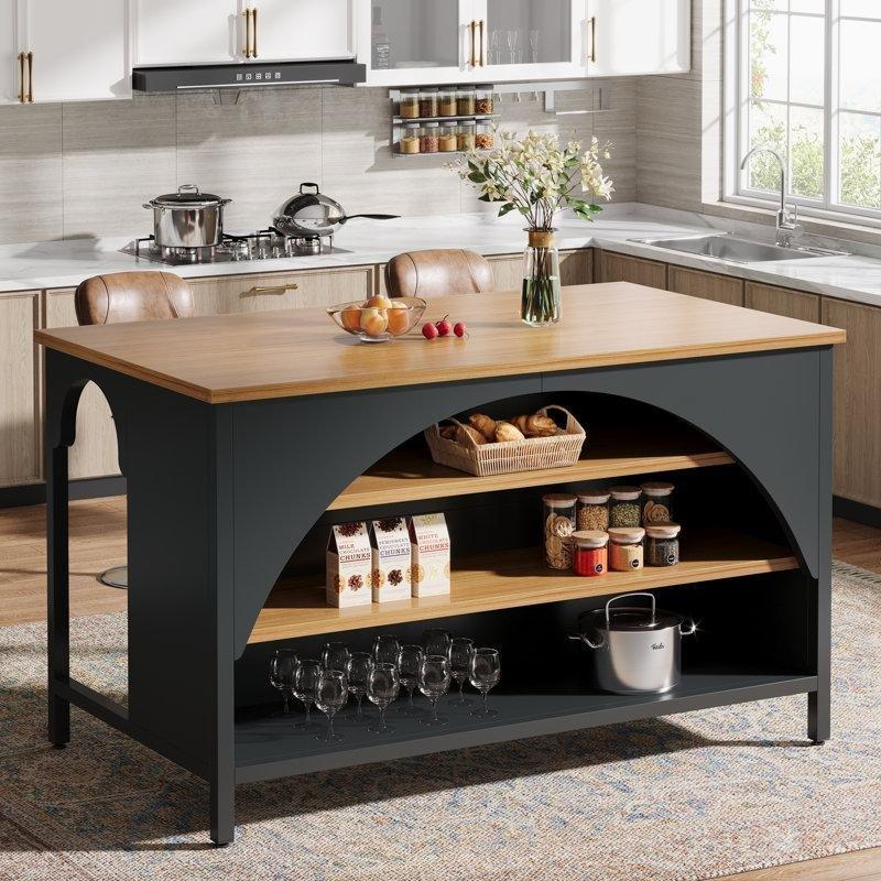 Kahverengi ve Siyah MDF Metal 3 Raflı Kır Evi Tarzı Mutfak Adası - 140x80 cm - 176672