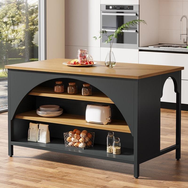 Kahverengi ve Siyah MDF Metal 3 Raflı Kır Evi Tarzı Mutfak Adası - 140x80 cm - 176672