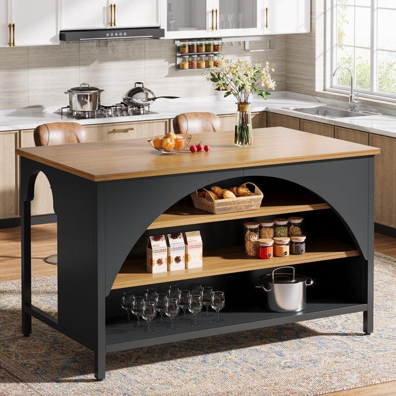 Kahverengi ve Siyah MDF Metal 3 Raflı Kır Evi Tarzı Mutfak Adası - 140x80 cm - 176672