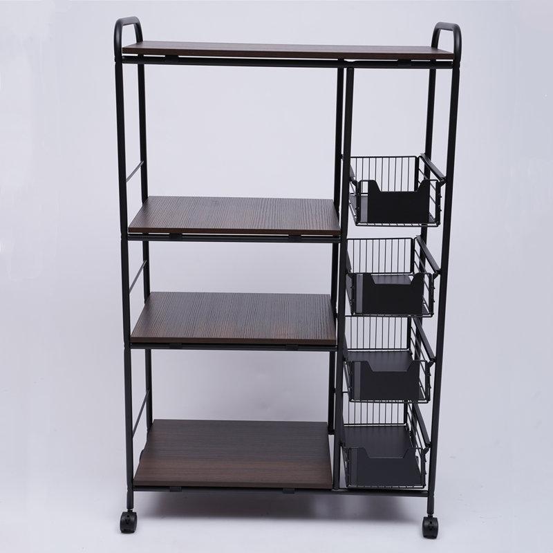 Kahverengi ve Siyah Metal MDF Tekerlekli 4 Katlı Çekmeceli Mutfak Rafı - 115x71x35 cm - 164065