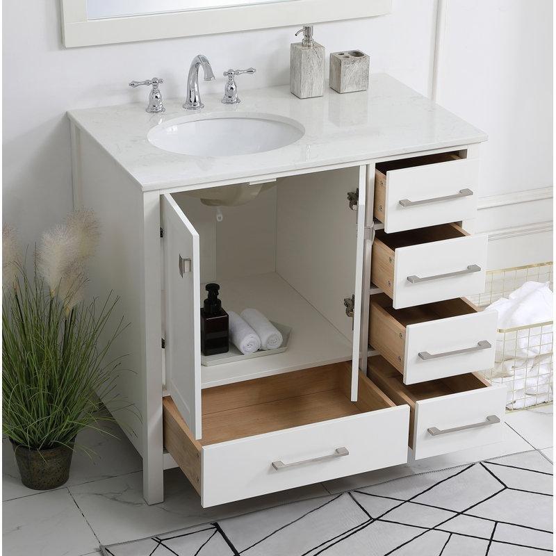 Kalakata Beyazı Kompoze Mermer Tezgahlı Masif Ahşap 5 Çekmeceli Ayaklı Banyo Lavabo Dolabı - 92 cm - 201429