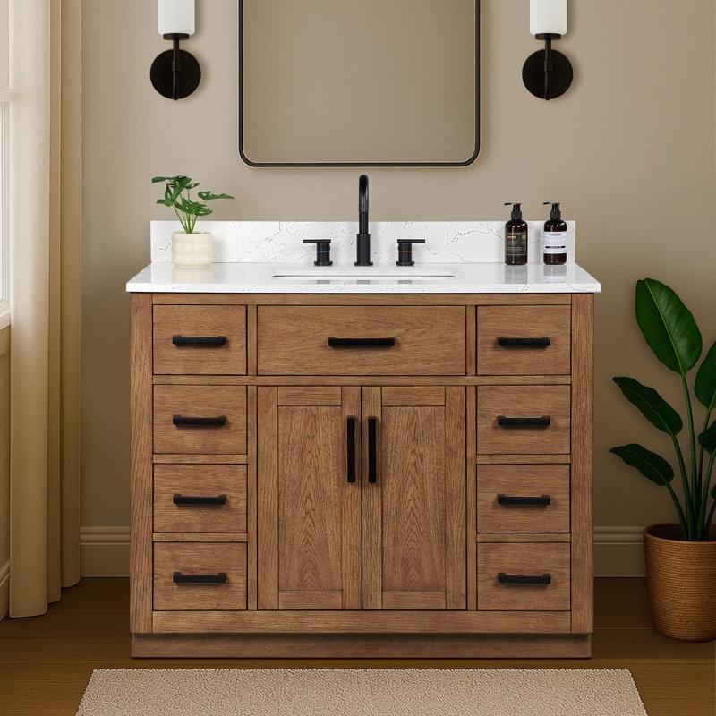 Kalakata Mermer Tezgahlı Masif Ahşap Dahili Priz ve USB Portlu Çekmeceli Banyo Lavabo Dolabı - 107 cm - 198232