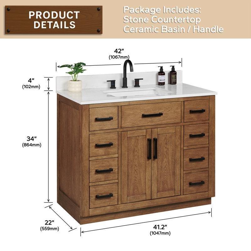 Kalakata Mermer Tezgahlı Masif Ahşap Dahili Priz ve USB Portlu Çekmeceli Banyo Lavabo Dolabı - 107 cm - 198232