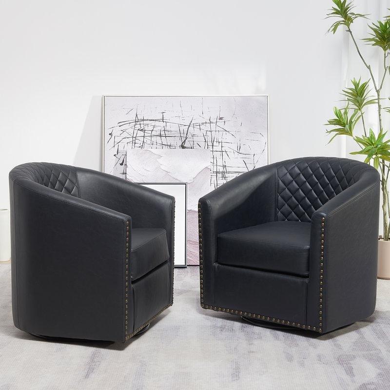 Kapitoneli Suni Deri Döner Fıçı Tekli Koltuk 2li Set - 74 cm - 202763