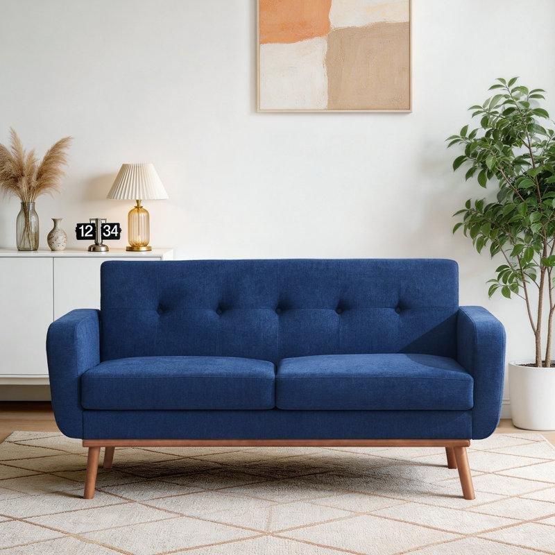 Kapitoneli Waffle Dikişli Masif Ahşap Ayaklı İkili Koltuk - 196889