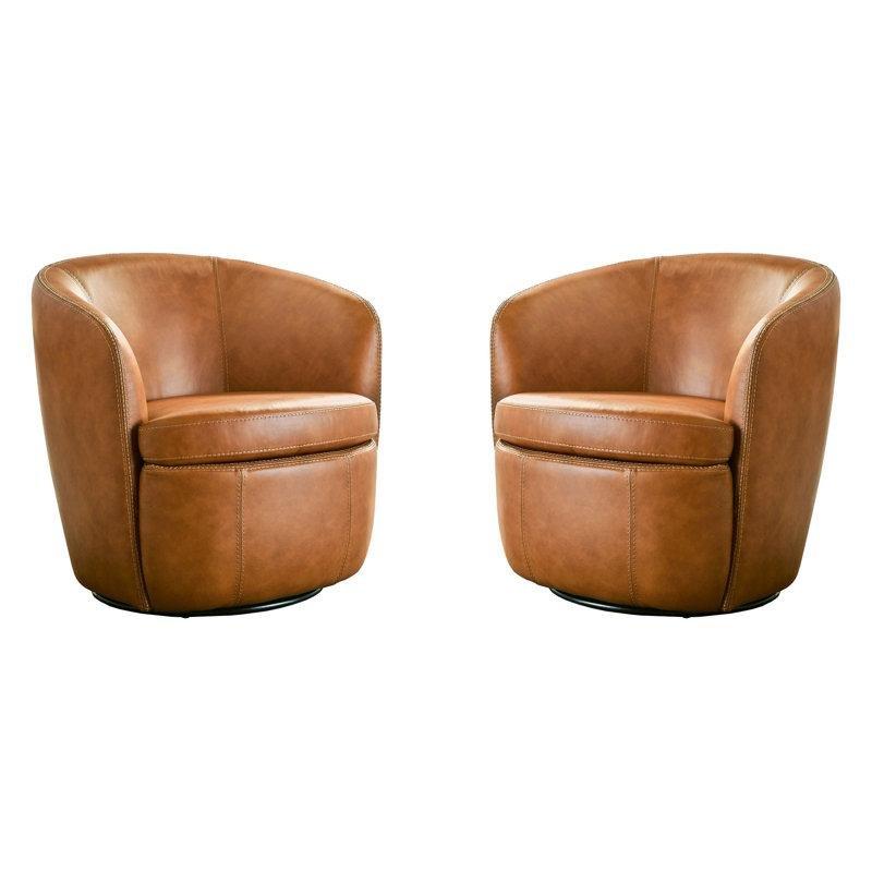 Karamel Hakiki Deri Döner Fıçı Tasarım Tekli Koltuk 2li Set - 205317