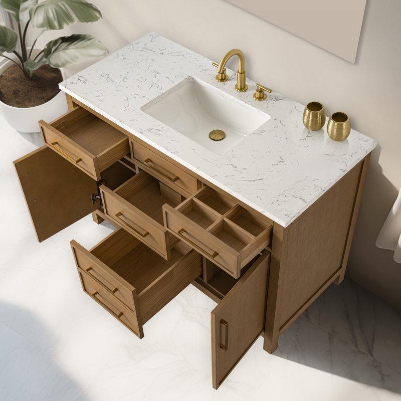 Karamel Masif Ahşap Kompoze Taş Tezgahlı Ayaklı Banyo Lavabo Dolabı - 122 cm - 198121