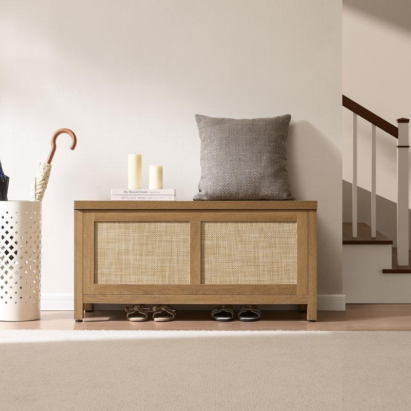 Karamel Meşe Rattan Detaylı Sandıklı Sırtlı Bohem Bench - 93 cm - 164218