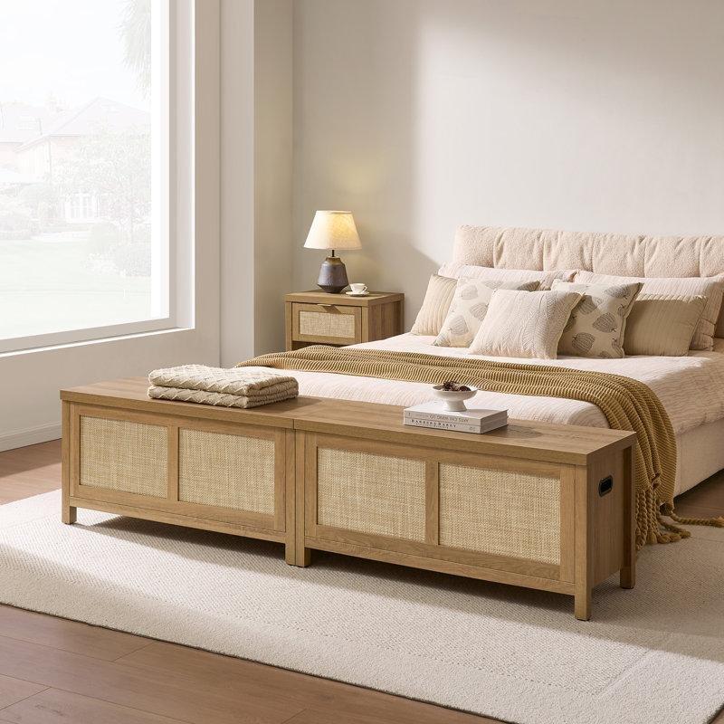 Karamel Meşe Rattan Detaylı Sandıklı Sırtlı Bohem Bench - 93 cm - 164218