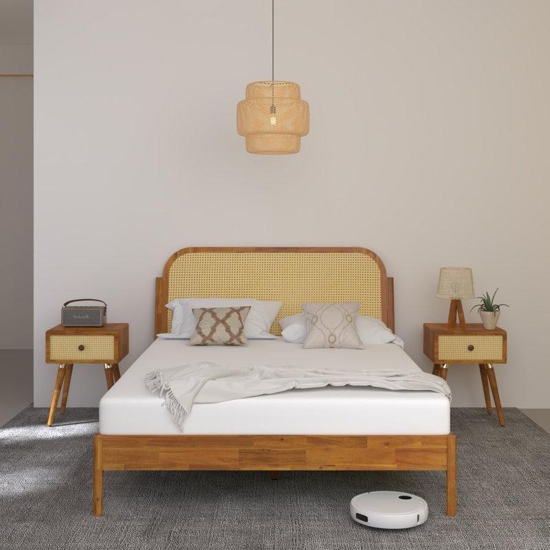 Karamel Rattan Başlıklı Masif Akasya Ağacı Platform Bohem Karyola - Queen Boy - 182306