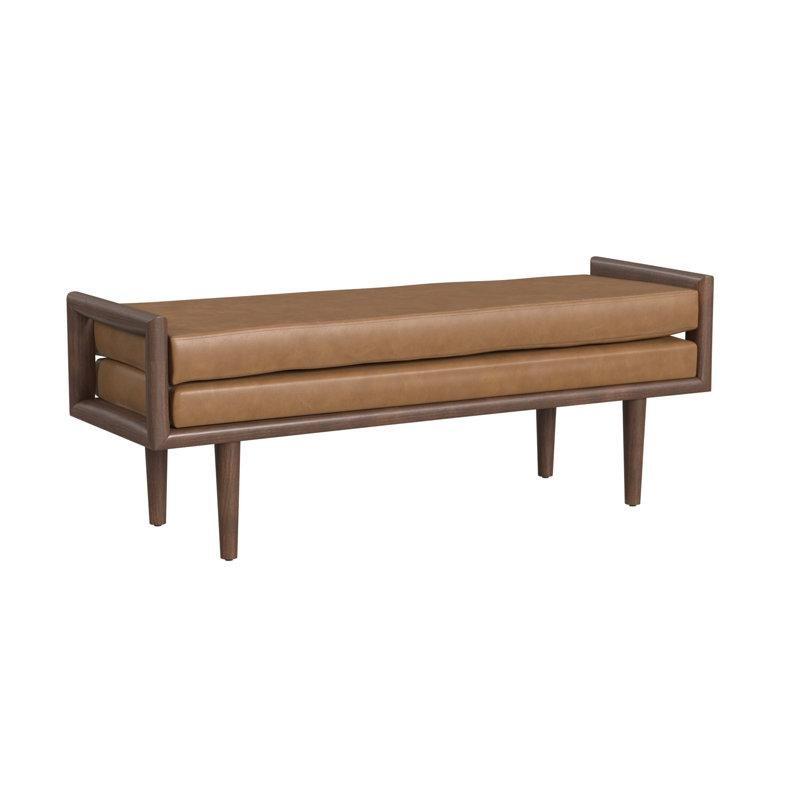 Karamel Suni Deri Döşemeli Ceviz Masif Ahşap Kollu Bench - 122 cm - 164290