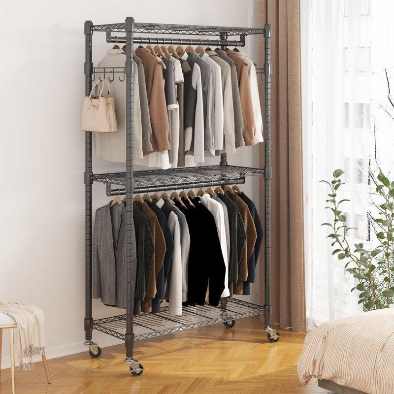 Karbon Çeliği Tekerlekli 3 Raflı 2 Askı Çubuklu Ayaklı Askılık - 89 cm - 165463