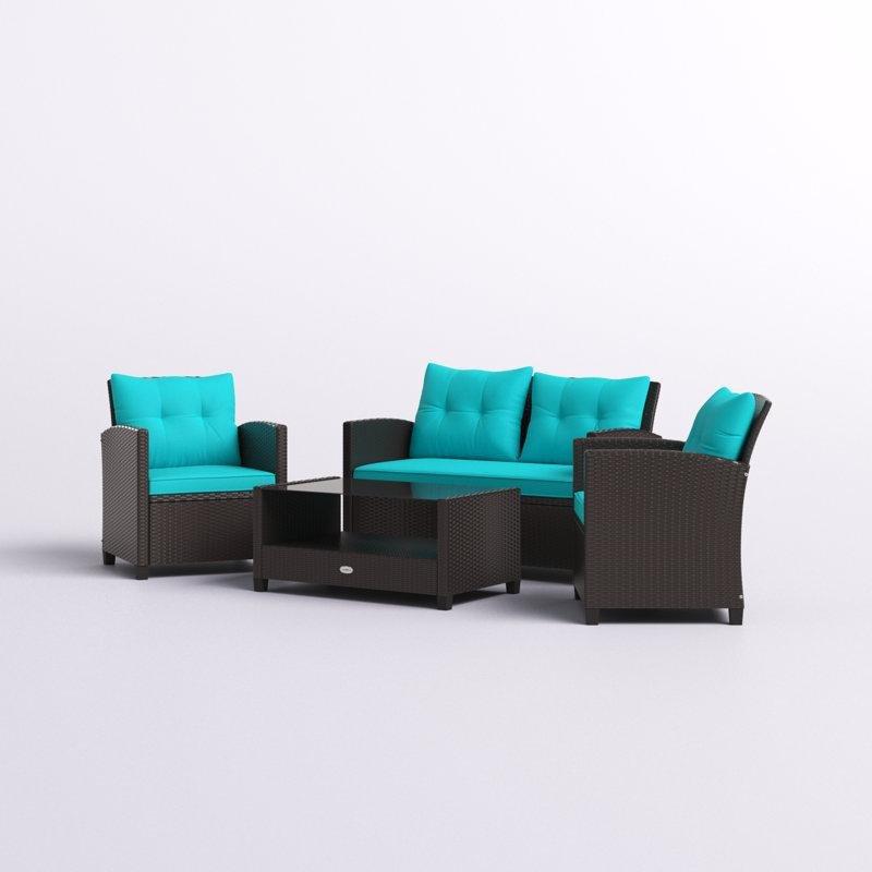 Karışık Kahverengi Rattan Cam Tablalı Minderli 4 Kişilik Bahçe Takımı - 210532